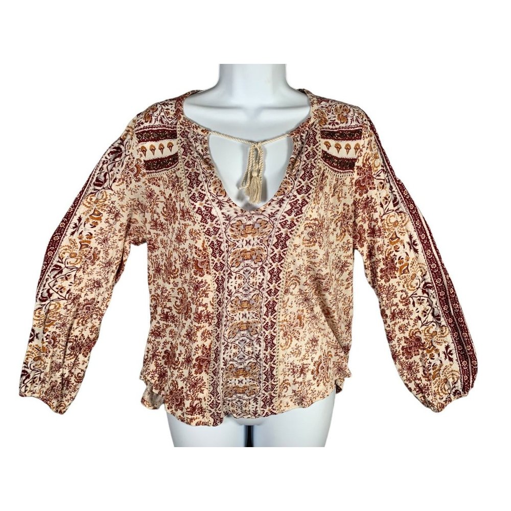 Lucky Brand Womans Small Peasant Blouse Top Floral Long Sleeve‎ Top Beaded Tie